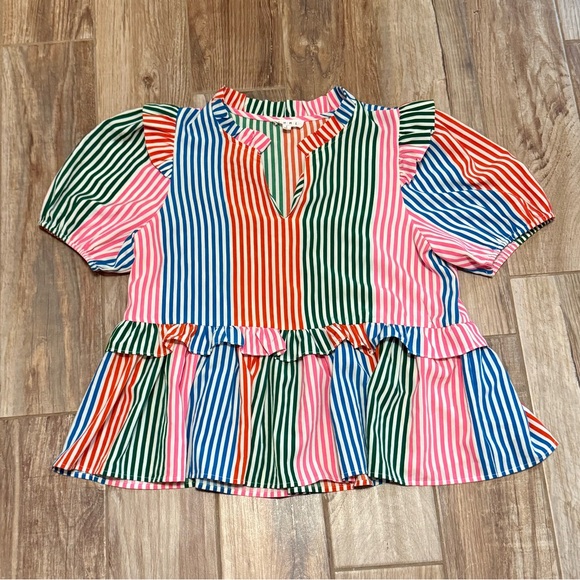 THML Tops - THML Multi Color Stripe Colorful Vneck Ruffle Peplum Blouse Top